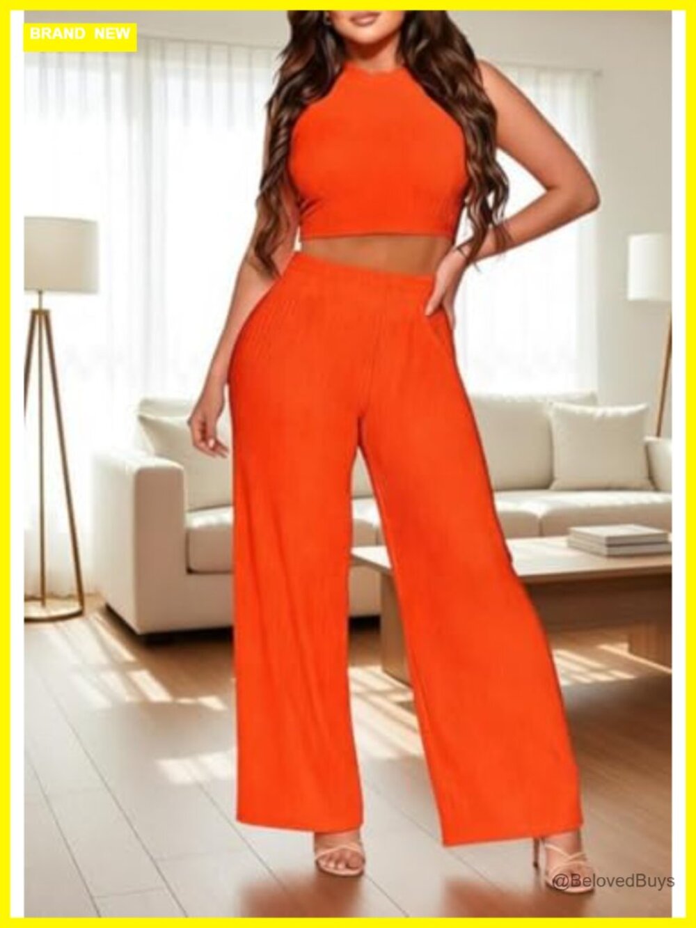 Women's 2 Piece Casual Lounge Set Ribbed Knit Crop Top Pants Tracksuit - Picture 4 of 7